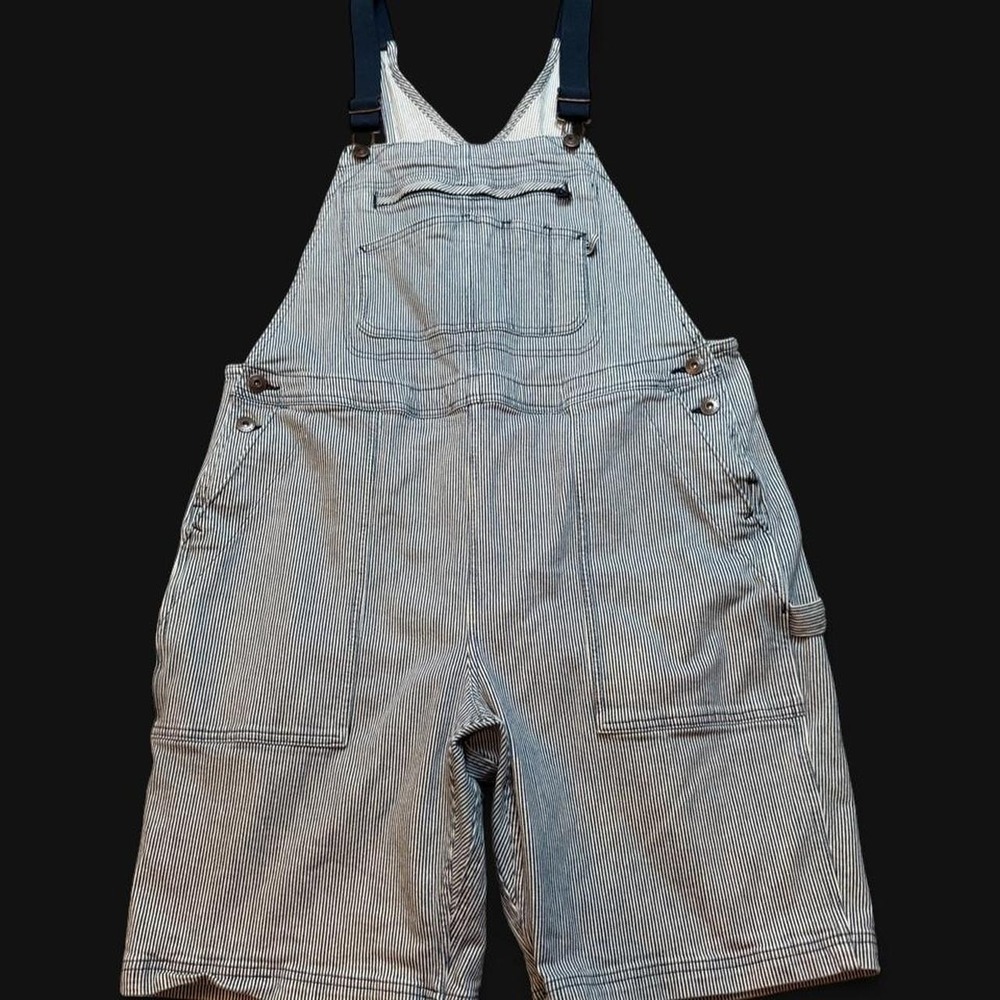 Duluth Trading Railroad Stripe Rootstock Gardening Short Overalls Womens Large